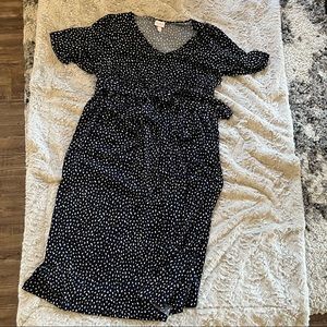 Isabel Maternity Flowy empire waist tie spotted navy dress midi